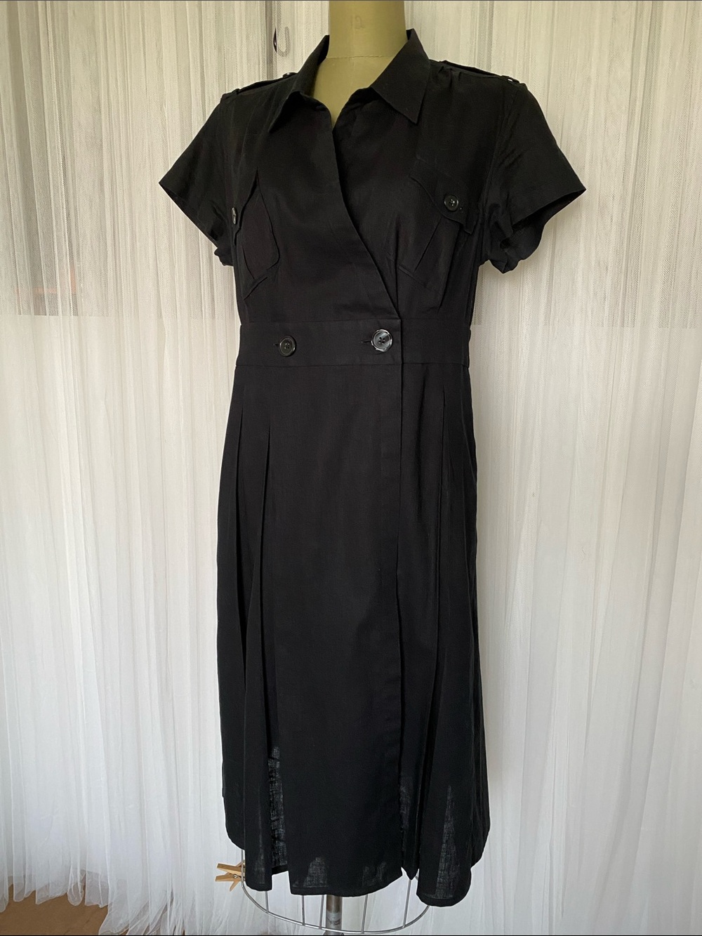 Cassis Linen/Cotton Blend Classic Black Short-Sleeve Shirt Pleated Dress Size 12